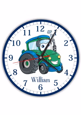 Väggklocka med traktor – Namnklocka för barnrum utan tickande ljud