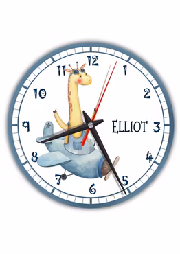 Tyst väggklocka för barn med giraff i flygplan