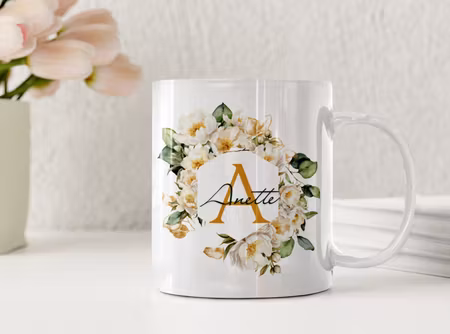 Lyxig Namnmugg med Blommor och Guldram – Personlig Gåva