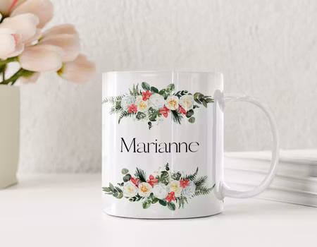 Personlig mugg med blomsterdekor och valfri text – perfekt till Mors dag
