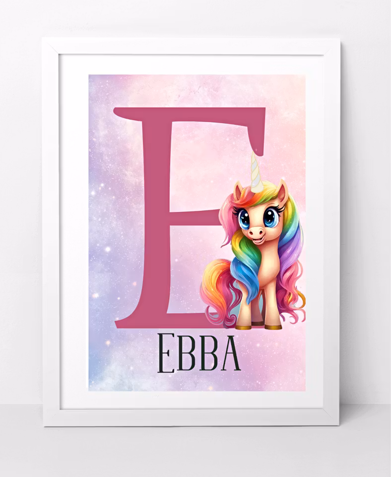 Färgglad enhörningsaffisch med tredelat namn, anpassningsbar