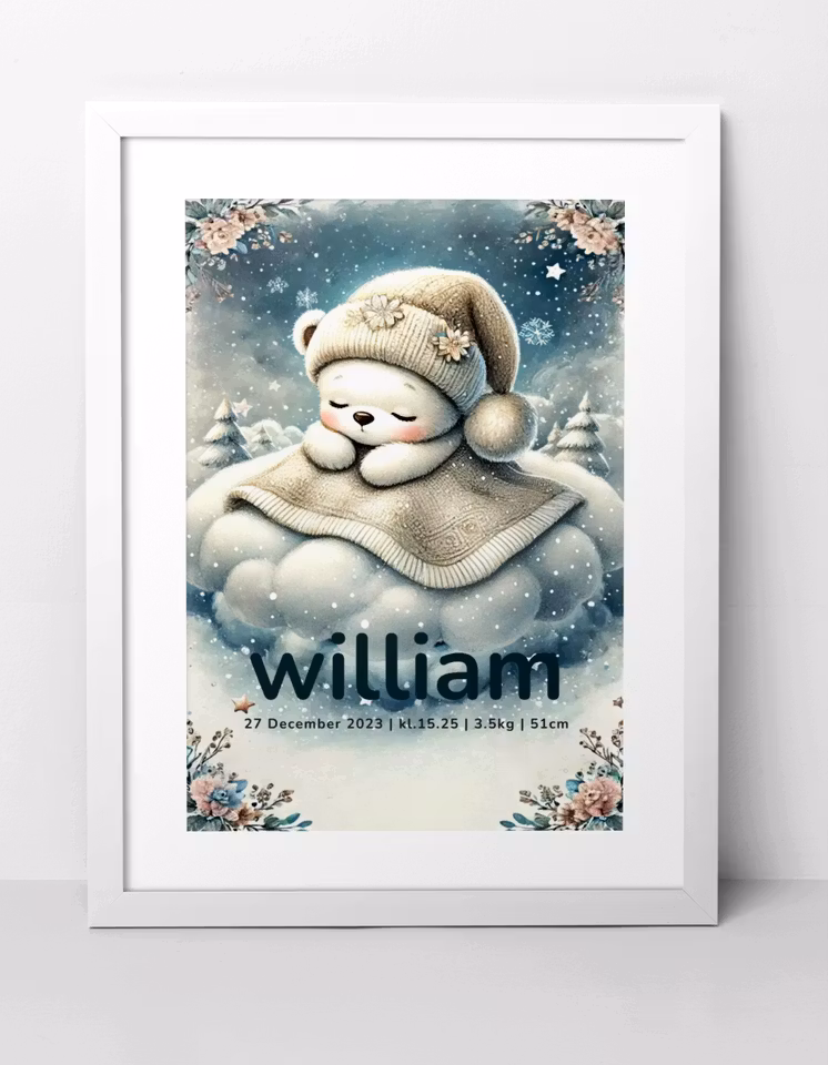 Personlig födelsetavla -Namntavla -Årstider-Vinter Nalle