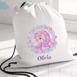 Gympapåse med blommig enhörning tryck - Personlig Gymnastikpåse för Barn
