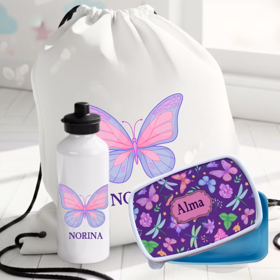 Fjäril - personlig vattenflaska-gympapåse-matlåda