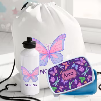 Fjäril - personlig vattenflaska-gympapåse-matlåda