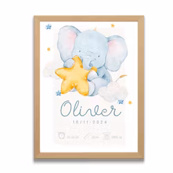 Doptavla -Personlig födelsetavla - Pojke -Elefant