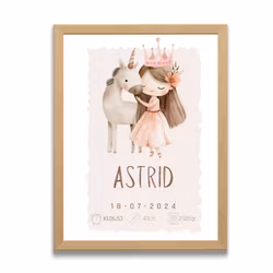 Personlig doptavla med Prinsessa och Enhörning – Födelseposter för barn