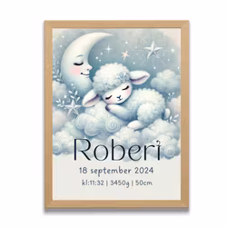 Personlig födelsetavla med ett sött sovande lamm – Doptavla