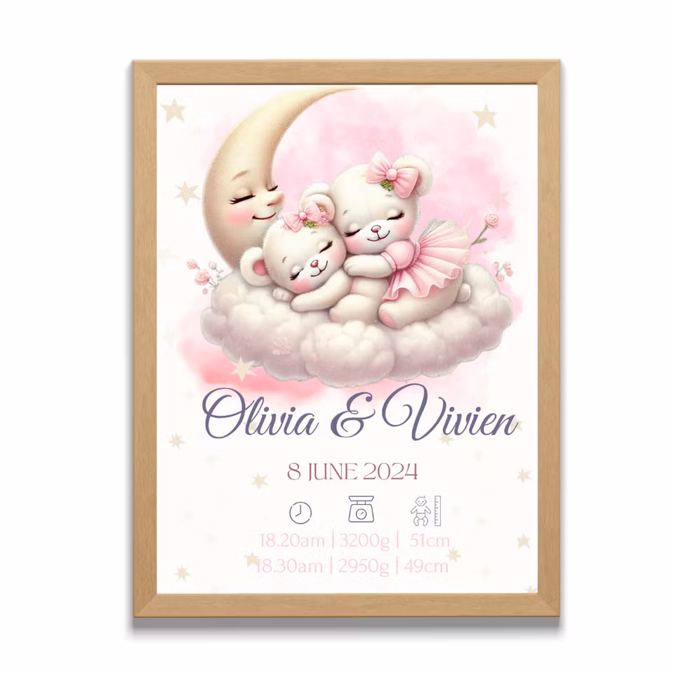 Doptavla - Födelsetavla för tvillingar med baby nallar – Färgglad personlig gåva för nyfödda
