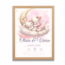 Doptavla - Födelsetavla för tvillingar med baby nallar – Färgglad personlig gåva för nyfödda