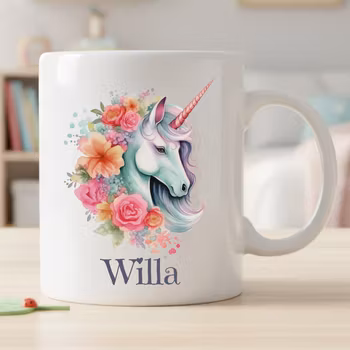 Mugg för barn med namn – Personlig barnmugg -Vackert Enhörning