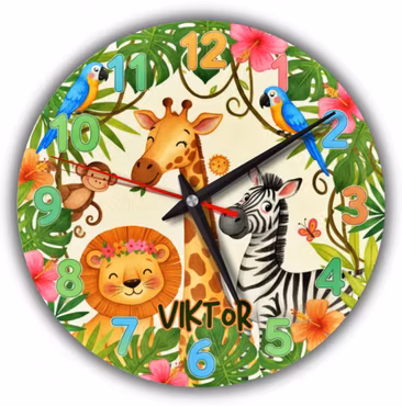 Tyst väggklocka för barn med djungeldjur mönster