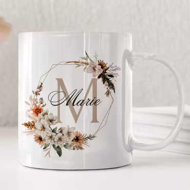 Personlig Keramik Mugg med Namn och Monogram - Höstblommor