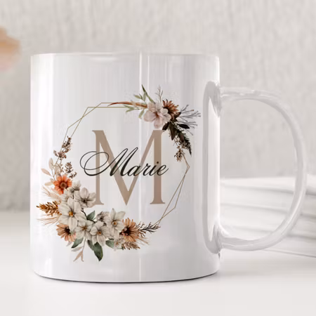 Personlig Keramik Mugg med Namn och Monogram - Höstblommor