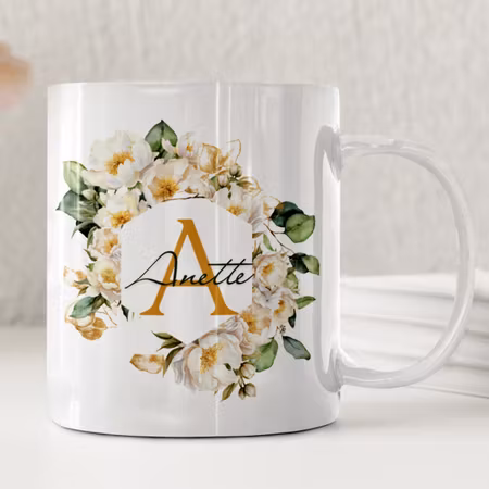 Lyxig Namnmugg med Blommor och Guldram – Personlig Gåva