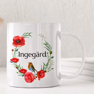 Personlig naturmugg med namn, vallmor och fågel – blommig presentmugg