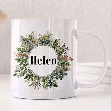 Personlig mugg med namn och gröna blad – naturlig och stilren blom-mugg