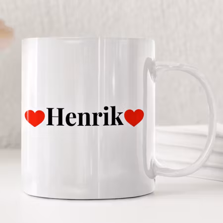 Personlig namn-mugg med hjärtramar och namnbetydelse – unik och omtänksam present