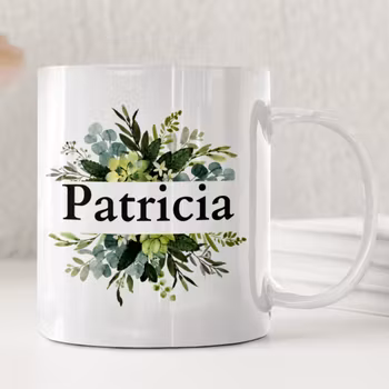 Personlig mugg med grön växt och namn – stilren naturinspirerad presentmugg