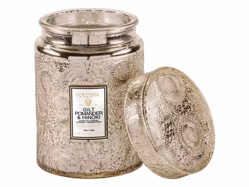 Large Glass Jar Candle w Glass Lid - Gilt Pomander & Hinoki