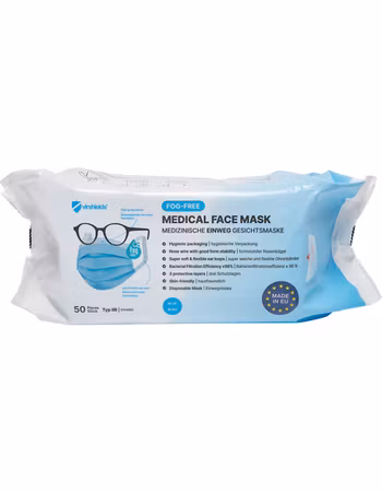 Anti-Fog Medical Face Mask Typ IIR (Pack of 50) - Hel kartong 28 förp = 1400st munskydd Blå