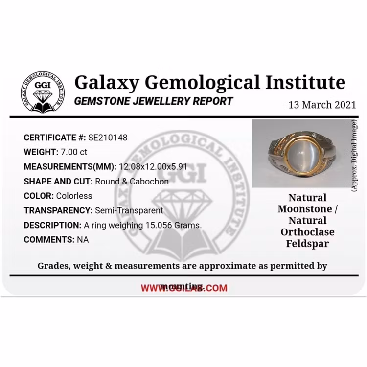 7,00 Carat, Moonstone, hopeasormus sertifikaatilla