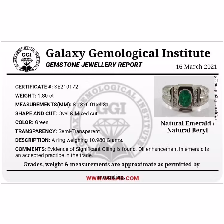 1.80 carat natural emerald, handmade silver ring with certificate