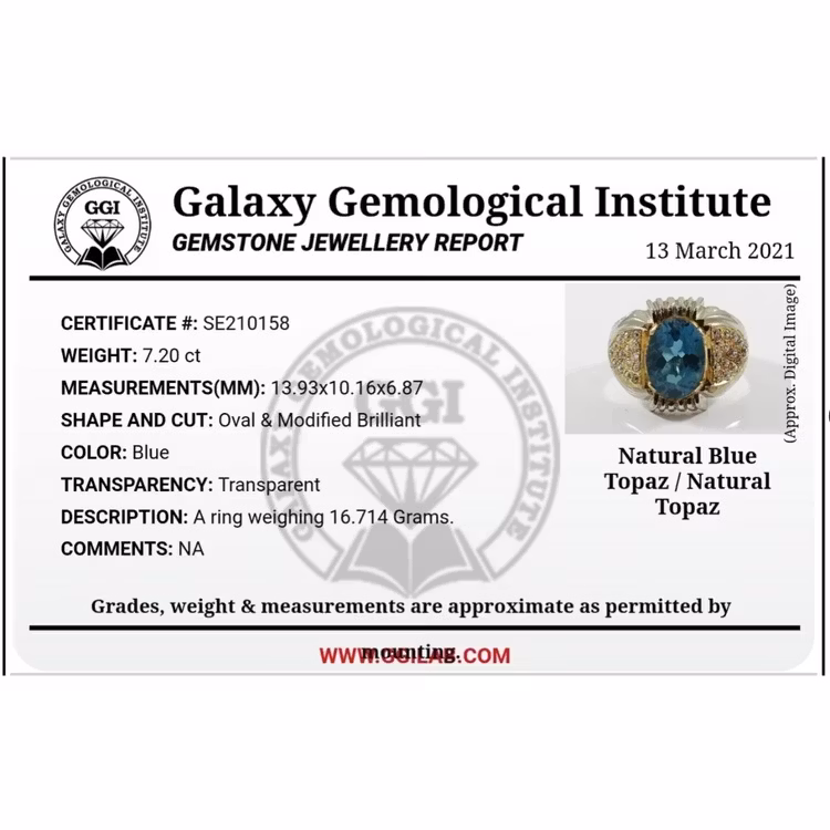 Bague en argent faite main avec topaze bleue naturelle non traitée de 7,20 carats et certificat