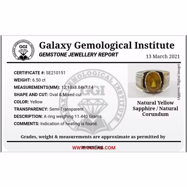 6.50 Carat natural yellow sapphire, handmade silver ring with certificate