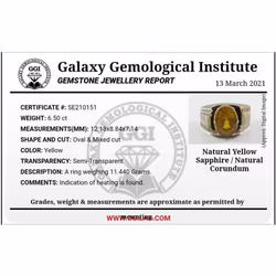 6,50 Karat naturlig gul safir, handgjord silverring med certifikat
