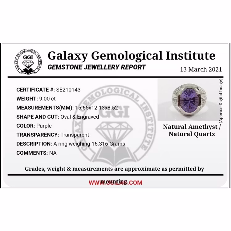 9.00 Carat natural untreated Amethyst, Handmade silver ring with certificate