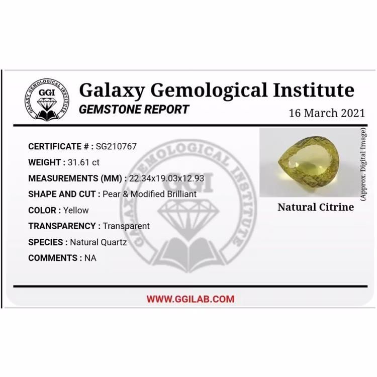 Naturalny cytryn o masie 31,61 karata z certyfikatem