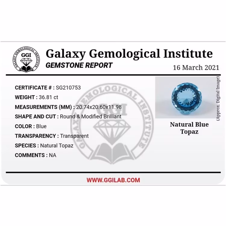 36,81 Karat naturlig obehandlad blå Topas med certifikat