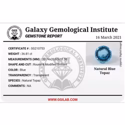 36,81 Karat naturlig obehandlad blå Topas med certifikat