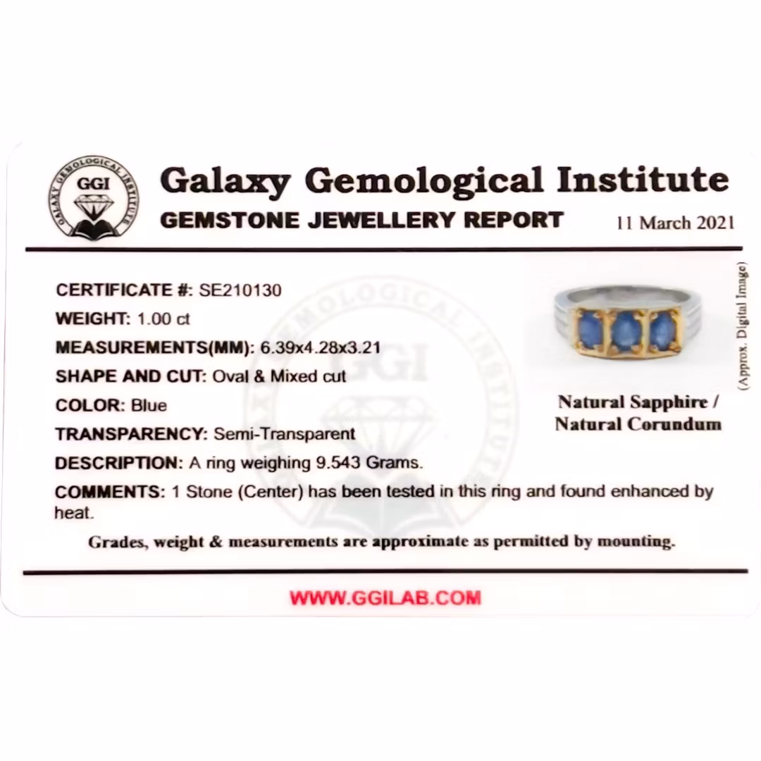 3,00 Karat naturlig blå Safir, handgjord silverring med certifikat