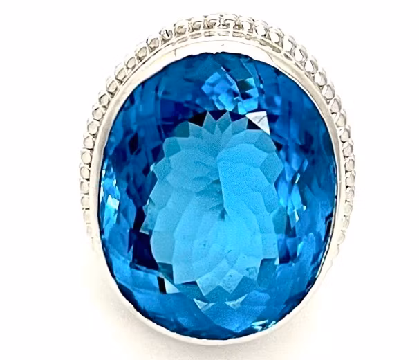 Bague en argent avec topaze bleue naturelle de 36,40 carats avec certificat