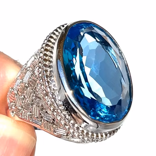 Bague en argent avec topaze bleue naturelle de 36,40 carats avec certificat