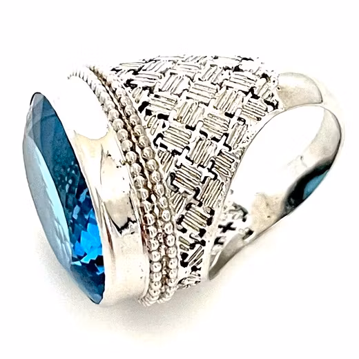 Bague en argent avec topaze bleue naturelle de 36,40 carats avec certificat