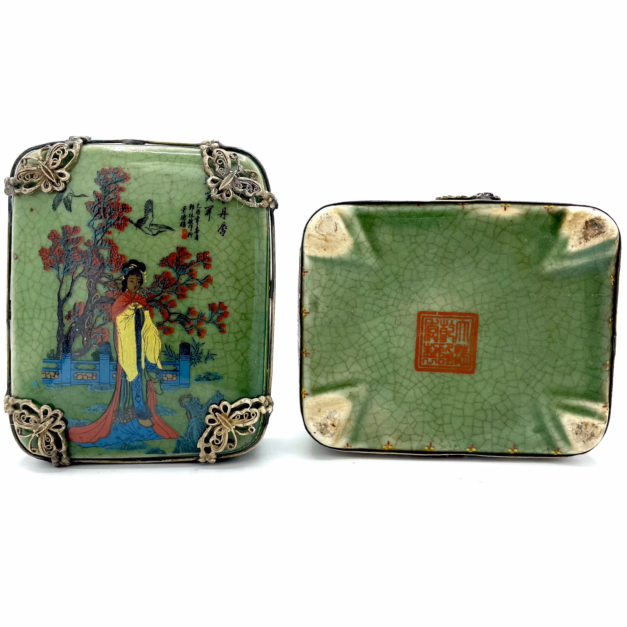 Scatola antica in porcellana cinese con coperchio