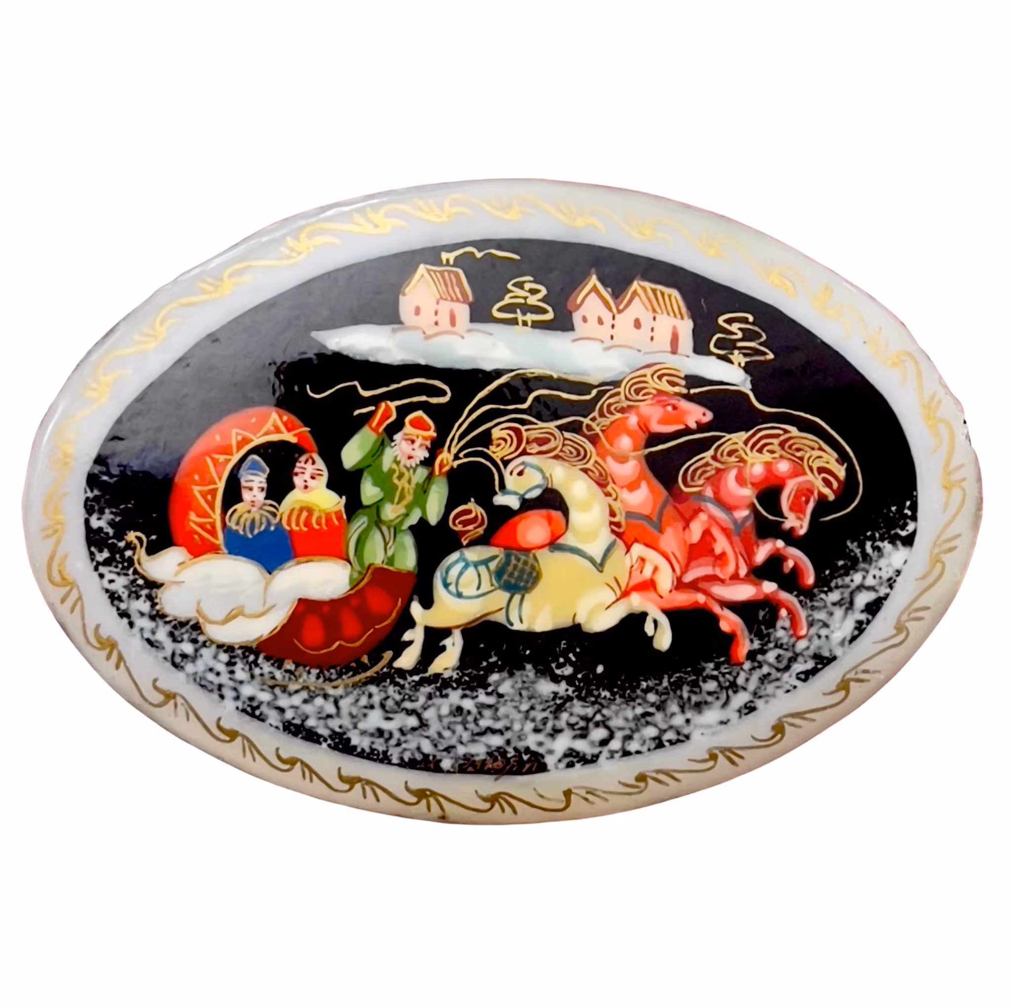 Vintage, Brosch handmålad lackarbete, signerad