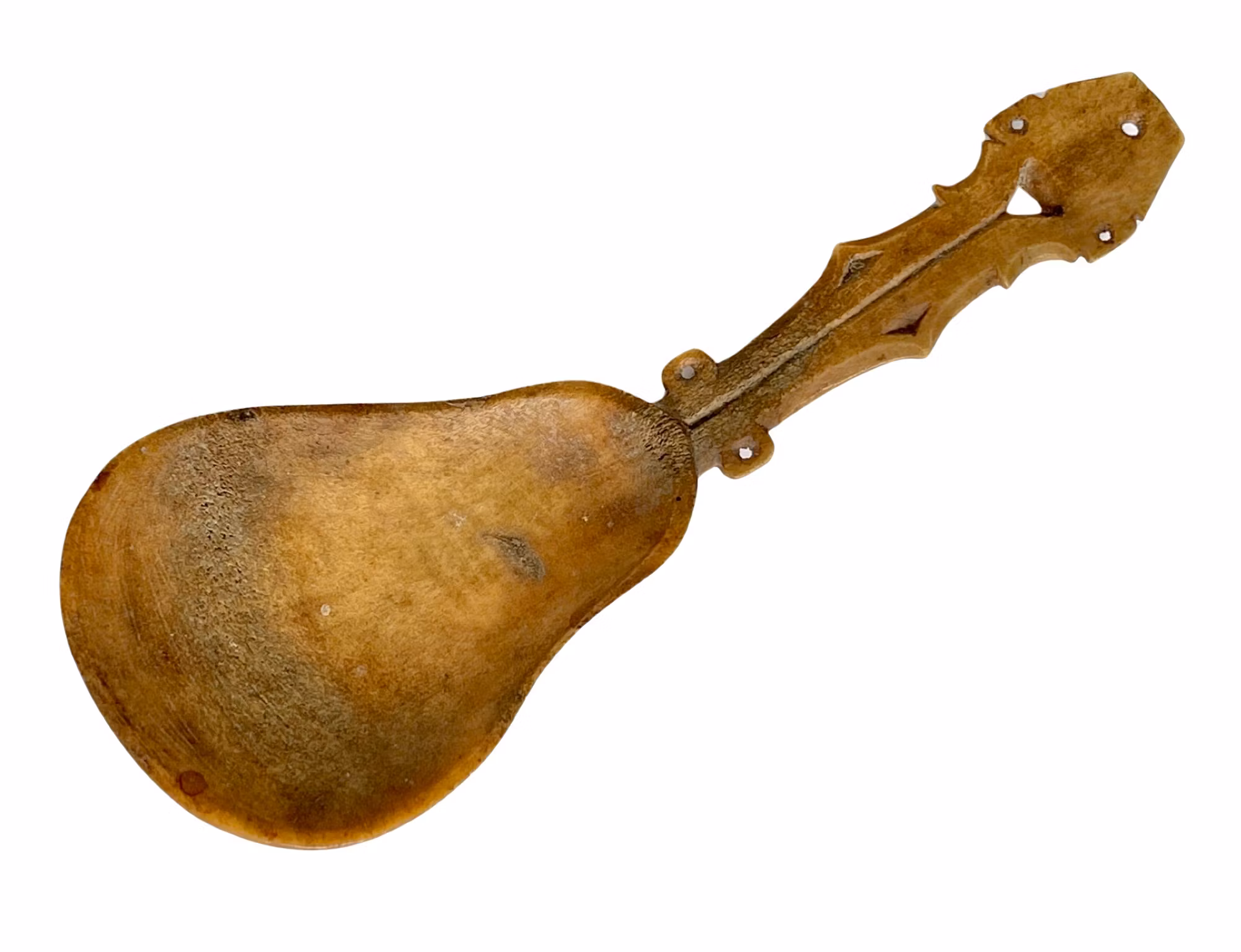 Antique Sami carved bone spoon, incised handle breakthrough, 18th century