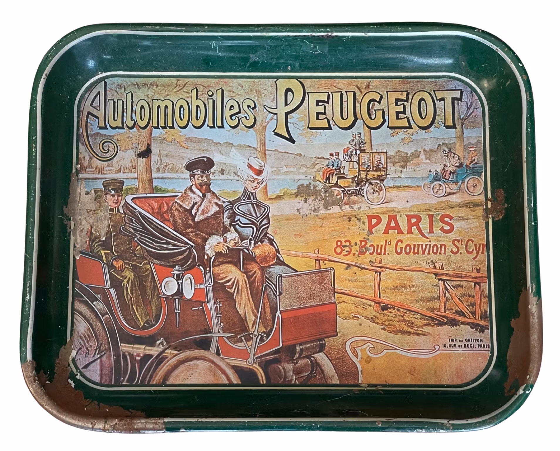 Antik metallbricka "Automobiles PEUGEOT Paris" 1914