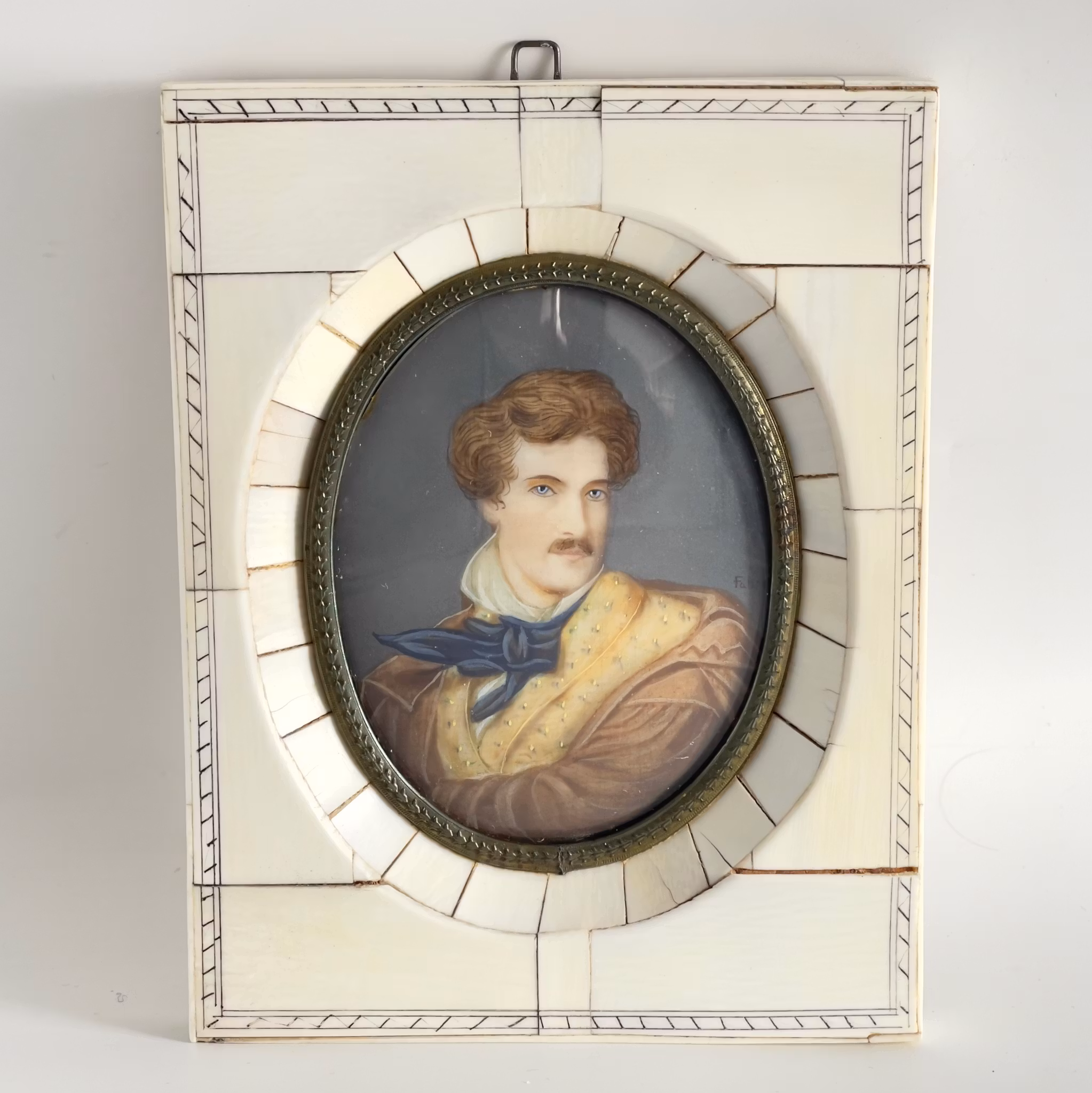 Miniatyrtavla bär signatur, ram av ben