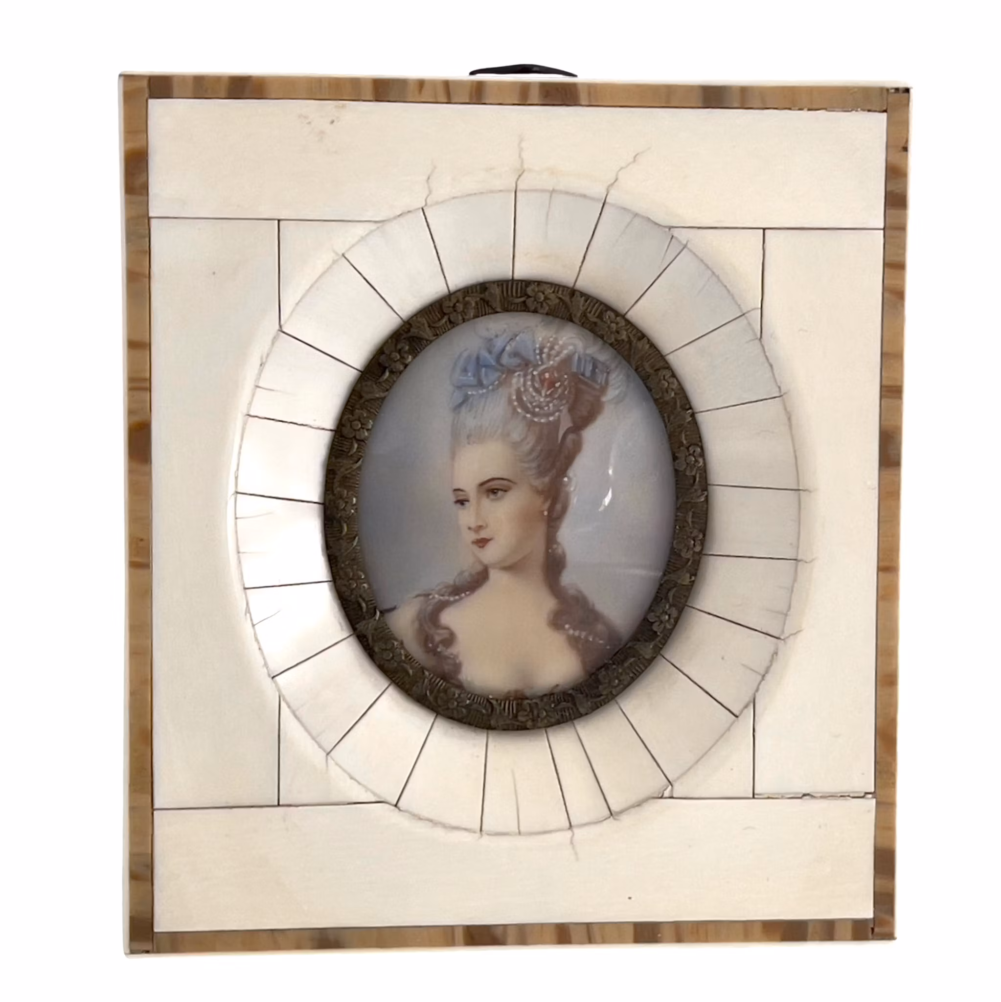 Cuadro en miniatura con firma y marco de hueso.