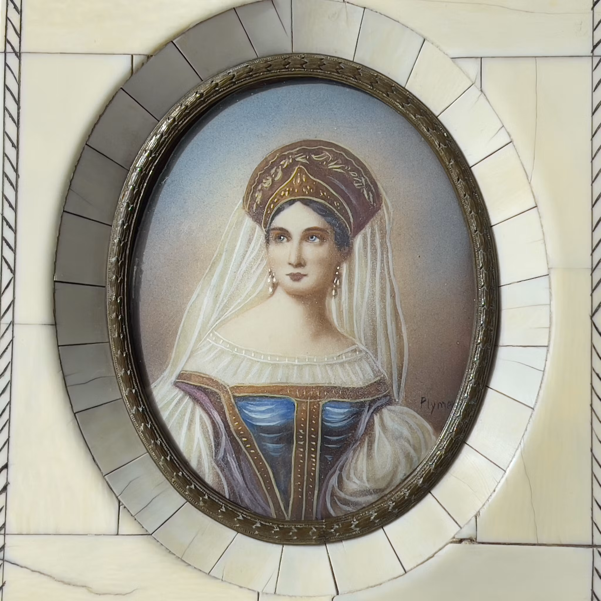 Miniatyrtavla bär signatur, ram av ben