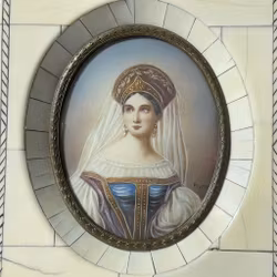 Miniatyrtavla bär signatur, ram av ben