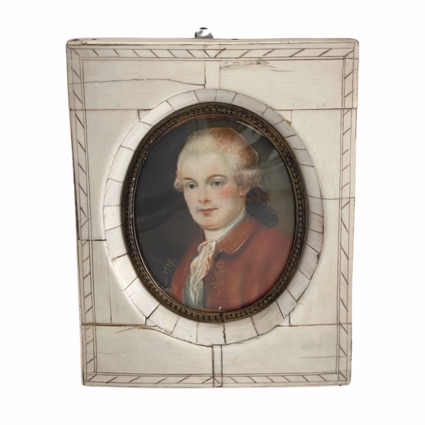 Miniatyrtavla bär signatur, ram av ben