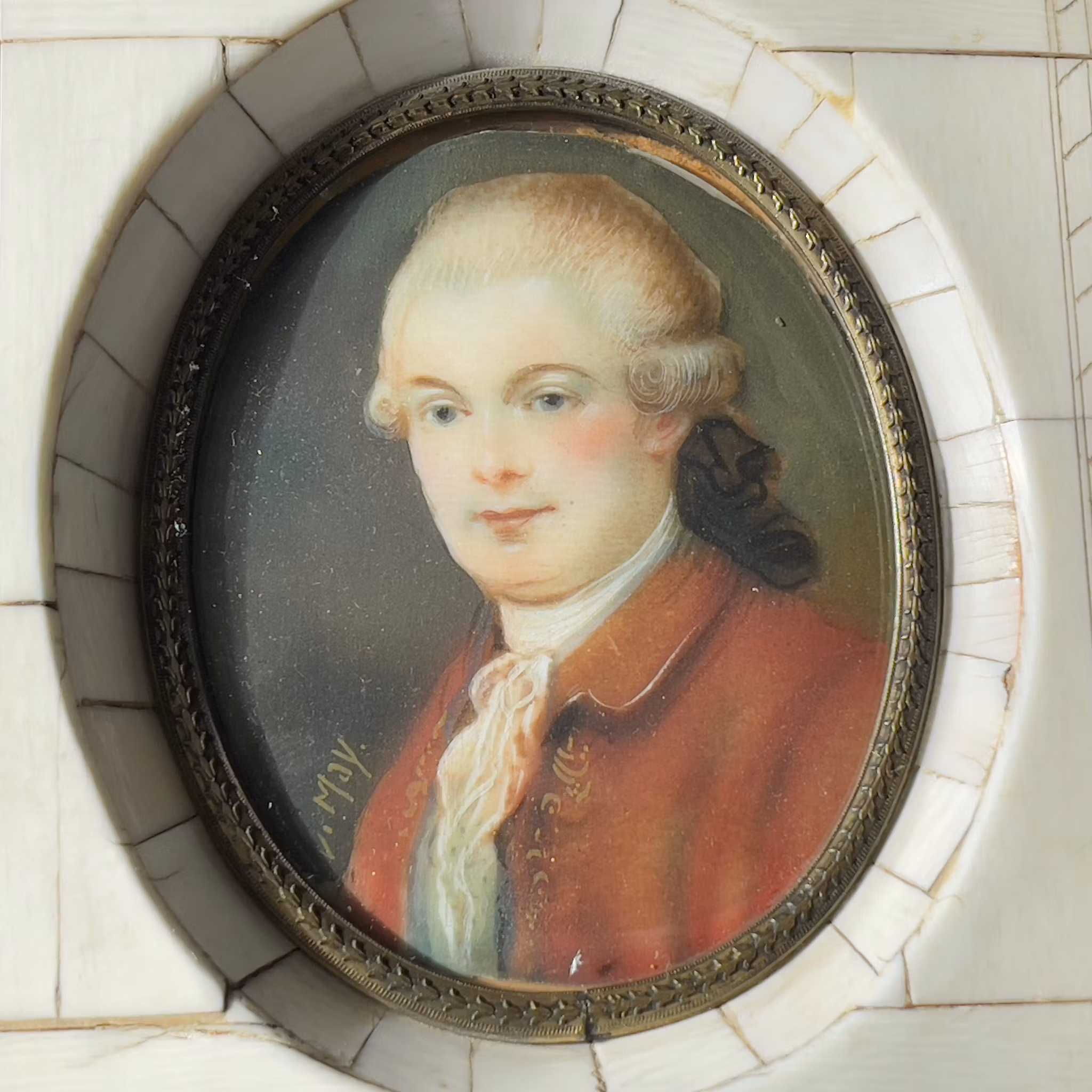 Miniatyrtavla bär signatur, ram av ben