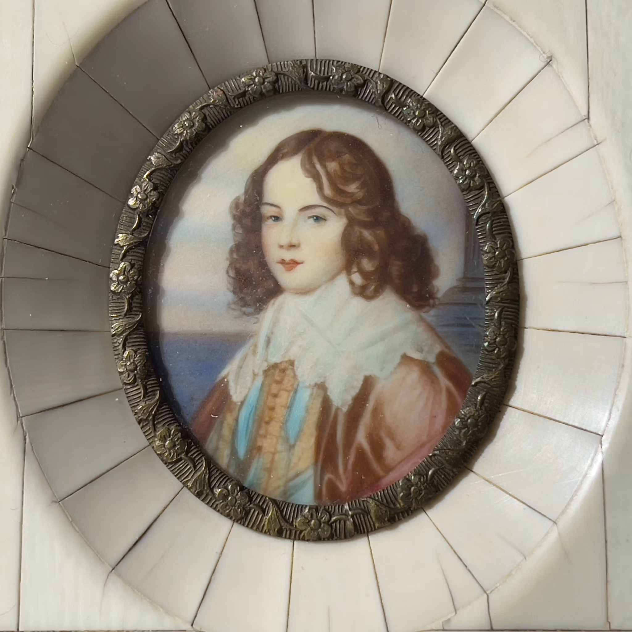 Miniaturowy obraz sygnowany, rama z kości