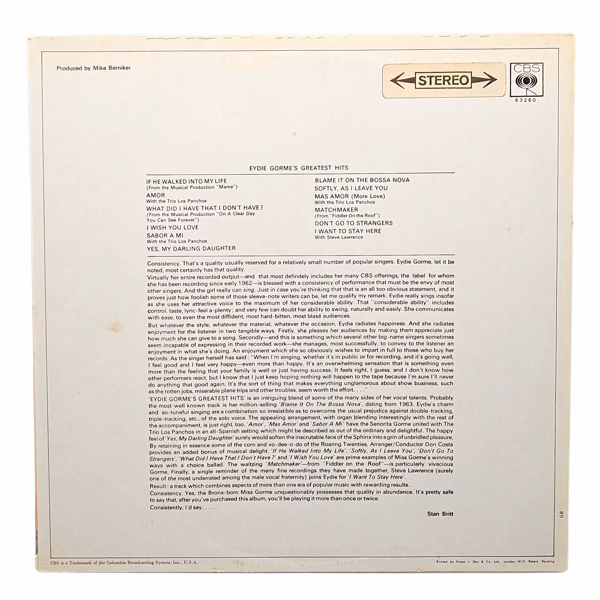 Eydie Gorme Greatest Hits, Vinyl LP